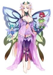 :) :d ahoge amethyst aqua_hair bangs bare_shoulders barefoot blonde_hair blue_eyes blue_leotard blunt_bangs blush braid breasts center_opening cleavage cleavage_cutout clenched_hand closed_mouth covered_navel criss-cross_halter cross-laced_clothes detached_sleeves dress elbow_gloves eyebrows eyebrows_visible_through_hair fairy fairy_wings feet flat_chest flower flying french_braid full_body gem gloves gradient groin hair_flower hair_ornament half-closed_eyes halterneck hand_on_hip hand_up heart_cutout high_ponytail highres horns kenkou_cross large_breasts leaf leg_lift leg_up leotard light_smile long_hair long_sleeves looking_at_viewer minigirl monster_girl monster_girl_encyclopedia multicolored multicolored_wings multiple_girls navel no_panties official_art open_clothes open_dress open_mouth orange_eyes parted_bangs pink_hair pointy_ears ponytail purple_dress purple_eyes purple_legwear see-through short_hair side_slit sidelocks simple_background size_difference skirt_hold smile standing strapless strapless_leotard thigh_gap thighhighs titania_(monster_girl_encyclopedia) toeless_legwear turtleneck v-shaped_eyebrows very_long_hair white_background wings zettai_ryouiki