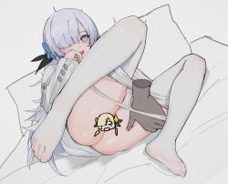 absurdres aizz ass blue_flower censored clothes_pull disembodied_hand dress feet female flower full_body grey_eyes grey_hair hair_flower hair_ornament hair_over_one_eye highres isekai_joucho kamitsubaki_studio long_hair novelty_censor open_mouth panties panty_pull pantyhose pantyhose_pull pillow toes underwear virtual_youtuber white_dress white_panties white_pantyhose