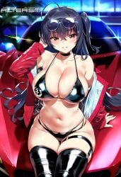 1girls ahoge ai_generated alterism arm_support azur_lane big_breasts bikini bikini_bottom bikini_top car choker cleavage curvaceous curvy curvy_figure dark_hair eyewear female_focus grin groin hair_between_eyes hourglass_figure jacket large_breasts latex leaning_back long_hair looking_at_viewer naughty_face navel night open_clothes outdoors posing race_queen red_eyes shiny_clothes shiny_skin side_ponytail sitting skindentation smile sunglasses sunglasses_on_head sweat taihou_(azur_lane) taihou_(enraptured_companion)_(azur_lane) thick_thighs thighhighs thighs wide_hips