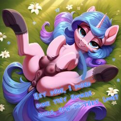 ai_generated bedroom_eyes black_socks blue_eyes blue_hair crotchboobs equine equine_anus equine_genitalia equine_pussy female flowers grass hasbro hooves laying laying_on_floor my_little_pony oc original original_character outdoors pony_ears presenting_hindquarters presenting_pussy pussy pussy_juice pussy_juice_stain smiling socks text uniform