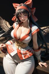 1girls ai_generated ainu_clothes arm_support big_breasts black_hair busty cleavage confident female fingerless_gloves hair_ribbon king_of_fighters large_breasts legs looking_at_viewer mamahaha nakoruru pants pose posing red_eyes samurai_shodown sensual sitting smile snk thighs