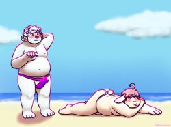 amanekiryuu anthro aroused ass beach bear belly bikini_thong blush bodily_fluids clothing cloud duo echo_(calahootheyeen) erection genital_fluids hi_res joshie_(calahootheyeen) lagomorph leporid lying male male/male mammal moobs navel nipples on_front overweight overweight_anthro overweight_male polar_bear precum presenting presenting_hindquarters rabbit sand sea swimwear teasing thong underwear ursine water