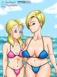 android_18 beach blue_bikini dragon_ball dragon_ball_gt dragon_ball_super marron mother_and_daughter mother_daughter_boob_envy_(meme) nude_female original_artwork pink_bikini reyeshentai(artist)