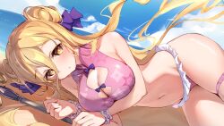 beach belly belly_button bikini blonde_hair blush breasts cleavage date_a_live hoshimiya_mukuro light-skinned_female long_hair solo solo_female thighs yellow_eyes