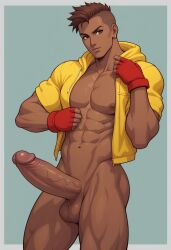 1boy abs ai_generated brazil brazilian capcom civitai dark-skinned_male dark_skin fingerless_gloves gloves hoodie jacket large_penis looking_at_viewer male male_focus male_only muscular muscular_male pecs penis red_gloves sean_matsuda solo solo_focus street_fighter street_fighter_6 street_fighter_iii street_fighter_iii:_3rd_strike street_fighter_iii_(series) street_fighter_v yellow_jacket