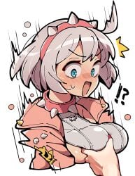 arc_system_works blush boob_squish breasts elphelt_valentine guilty_gear guilty_gear_strive itsuka_neru pink_headband pink_jacket shocked shocked_expression shocked_face sideboob spiked_collar squeezing_breast white_hair