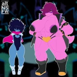 altnsfw anthro anthro_only areola_slip big_breasts blue_hair blue_skin breasts breasts_bigger_than_head bulge clothed deltarune femboy height_difference huge_breasts kris_(deltarune) monster_girl muscular muscular_female pink_hair pink_skin shortstack size_difference skin_tight susie_(deltarune) thighs