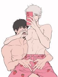 2boys black_hair cellphone fellatio_gesture gay gintama gintoki_sakata hi_res highres hijikata_toshiro male male_only meme_pose open_mouth phone selfie smile strawberry_print suggestive_gesture swimming_trunks swimsuit toned toned_male tongue_out topless topless_male white_hair yaoi youlixitang