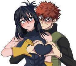 1boy 1girls bangs big_breasts black_hair blue_eyes blush boku_no_hero_academia breast_grab breast_squeeze color female gloves groping groping_from_behind happy_female heart-shaped_breast_challenge heart-shaped_hand_base_challenge heart_hands heart_shaped_hand_base_challenge hero_costume hero_outfit_(mha) kudou_(my_hero_academia) male male/female meme meme_reference my_hero_academia nana_shimura no_sex red_eyes red_hair scar scar_on_face shaded_face spiky_hair straight tall_female upper_body