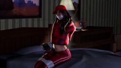 5ilentprincess bondage brown_hair cropped_hoodie fingerless_gloves fortnite fortnite:_battle_royale fully_clothed gloves leggings long_hair ruby_(fortnite) sitting_on_bed tape tape_bondage tape_gag taped_legs taped_mouth taped_wrists