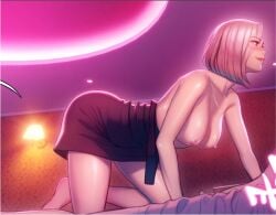ass bare_arms bare_legs bare_shoulders bare_thighs barefoot blush breasts cha_yuna feet full_color hyungjun_park lipstick love_limit_exceeded manhwa mouth_closed multicolored_hair nipples pornhwa purple_hair short_hair skirt_only smile thighs topless webtoon
