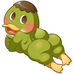 anatid animal_crossing avian big_ass big_butt brown_eyes brown_hair bubble_ass bubble_butt deena_(animal_crossing) duck green_feathers laying_down nerdoodlen transparent_background webbed_feet