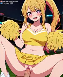 ai_generated anime blonde_hair cheerleader cheerleader_outfit cowgirl_position hoshino_ruby large_breasts oshi_no_ko pink_eyes ranwai sex stable_diffusion vaginal_penetration vaginal_sex