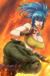 1girls areolae big_breasts blue_eyes blue_hair brazilian brazilian_female breasts breasts_out exposed_breasts female gloves hips hourglass_figure ikari_warriors king_of_fighters leona_heidern looking_at_viewer metal_slug nipples partially_clothed posing red_lipstick sano-br snk snk_heroines:_tag_team_frenzy solo solo_female solo_focus thighs top_lift voluptuous wide_hips