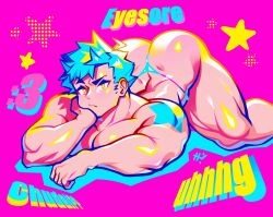 :3 abs arched_back bara biceps big_ass big_butt big_chest big_pecs blue_hair brown_eyes chudai denbe_(sachuman) doggy_style face_down_ass_up fat_ass g-string gay huge_ass huge_butt huge_chest huge_pecs male male_only massive_ass muscular muscular_male presenting_hindquarters sachuman tattoo thick_thighs