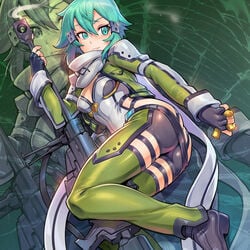 1girls anti-materiel_rifle aqua_eyes aqua_hair asada_shino blue_eyes blue_hair bullet female female_only fingerless_gloves gun gun_gale_online hair_ornament human jacket looking_at_viewer open_clothes open_jacket pgm_ultima_ratio_hecate_ii pinup reiq rifle short_hair_with_long_locks sinon smile solo sword_art_online sword_art_online:_phantom_bullet weapon