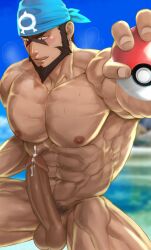 archie_(pokemon) balls bara beard big_penis blush boner erection facial_hair headkerchief hydaria imminent_orgasm male male_only muscles muscular nintendo nude penis pokeball pokemon solo solo_male sweat sweating team_aqua