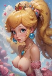 1girl 1girls ai_generated blonde_hair blue_eyes breasts crown dress earrings elbow_gloves female female_only indoors jewelry long_hair looking_at_viewer mario_(series) necklace_between_breasts nintendo nipples princess_peach solo