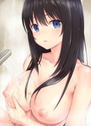 absurdres black_hair blue_eyes breasts enty_reward eyebrows_visible_through_hair female highres large_breasts long_hair n.g. nipples original paid_reward parted_lips shower_head showering solo steam topless upper_body wet