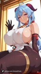 1girl ahoge ai_generated apron artist_name ass bangs bare_shoulders bell black_gloves black_pantyhose blue_hair breasts closed_mouth covered_nipples cowbell elbow_gloves ganyu_(genshin_impact) genshin_impact gloves goat_horns horns hoyoverse huge_breasts long_hair looking_at_viewer mihoyo neck_bell pantyhose patreon purple_eyes questionable see-through senpai_pixels sideboob sitting smile solo thick_thighs thighs vision_(genshin_impact) white_apron