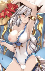 animal_ears arm_up armlet armpits bangs bare_shoulders blush braid breasts brown_eyes censored cleavage collarbone covered_navel dakimakura erun_(granblue_fantasy) female flower granblue_fantasy hair_between_eyes hair_tubes hat heart heart_censor heles hips large_breasts long_hair nipples one-piece_swimsuit sidelocks silver_hair single_braid smile strap_pull straw_hat swimsuit thighs tony_guisado waist white_swimsuit