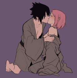 1boy 1girls black_hair blush breasts breasts_out canon_couple ceejss closed_eyes clothed couple female human kissing male male/female naruto naruto:_the_last pink_hair sakura_haruno sasuke_uchiha undressing