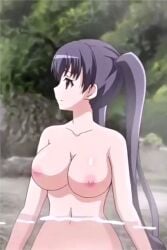 1girls big_breasts breasts busty eroge!_h_mo_game_mo_kaihatsu_zanmai female female_only highres kosaka_iori large_breasts long_hair looking_to_the_side navel nipples nude onsen purple_eyes red_eyes smile solo twintails voluptuous water