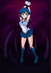 ami_mizuno armpits arms_above_head bishoujo_senshi_sailor_moon blue_hair bondage breasts choker clothing covered_navel earrings elbow_gloves gloves high_heel_boots high_heels jewelry pre-transformation restrained rick404 sailor_mercury short_hair skirt small_breasts solo transformation