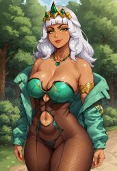 ai_generated bare big_breasts cleavage curvy eyelashes female fishnets jacket_open jewelry kane12 large_breasts large_thighs league_of_legends looking_at_viewer navel necklace qiyana_yunalai shoulders small_waist smirk solo tiara