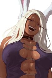 :d abs animal_ears artist_name bare_shoulders black_choker boku_no_hero_academia breasts chains choker collarbone covered_nipples dark-skinned_female dark_skin english_commentary female highres large_breasts long_eyelashes long_hair looking_at_viewer mirko miruko my_hero_academia open_mouth parted_bangs rabbit_ears rabbit_girl red_eyes rumi_usagiyama shibarinsfw shibbunny shirt sleeveless sleeveless_shirt smile solo teeth toned_female upper_body white_background white_hair