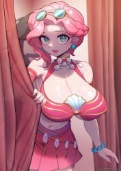 ashe_(league_of_legends) big_breasts boob_window cleavage curtains grabbing green_eyes large_breasts league_of_legends light-skinned_female light_skin ocean_song_ashe ocean_song_series open_toe_shoes pearl_bracelet pearl_earrings pearls pink_hair riot_games skirt strongbana sunglasses sunglasses_on_head swimsuit swimwear thick_thighs thighs watermark