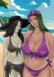 beach big_areola big_breasts big_thighs bikini green_eyes grey_skin izanami_(smite) long_hair medusavengeful mother_daughter_boob_envy_(meme) multicolored_hair small_breasts smile smile_at_viewer smite terra_(smite) thick_legs thick_thighs yellow_eyes