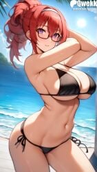 ai_generated big_breasts bikini black_bikini blush blush breasts cute female female female_focus female_only large_breasts light-skinned_female light_skin lillia_greyrat looking_at_viewer mushoku_tensei mushoku_tensei:_isekai_ittara_honki_dasu purple_eyes qwekk red_hair stable_diffusion sweat wide_hips