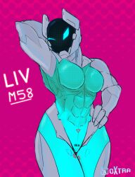 abs ambiguous_species android anthro armor biceps big_breasts blue_eyes breasts dare_to_exist featureless_breasts featureless_crotch female glowing glowing_eyes headgear helmet humanoid liv_(spookyboi) machine metal_skin mouthless muscular muscular_female not_furry oxtra robot screen screen_face simple_background solo spookyboi strong_female thick_thighs triceps visor visor_helmet wide_hips