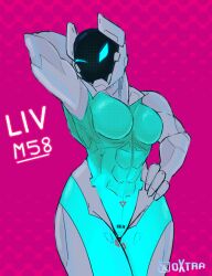 abs ambiguous_species android anthro armor biceps big_breasts blue_eyes breasts dare_to_exist featureless_breasts featureless_crotch female glowing glowing_eyes headgear helmet humanoid liv_(spookyboi) machine metal_skin mouthless muscular muscular_female oxtra robot screen screen_face simple_background solo spookyboi strong_female thick_thighs triceps visor visor_helmet wide_hips