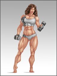 abs b9tribeca barefoot breasts brown_hair extreme_muscles female female_only fingerless_gloves gloves green_eyes looking_at_viewer muscle_growth muscles muscular muscular_female navel solo thighs