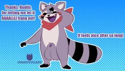 absurd_res animal_genitalia annoyedclaude anthro balls big_balls blush dialogue digital_drawing_(artwork) digital_media_(artwork) english_text fur genitals hi_res huge_balls hyper hyper_balls hyper_genitalia indigo_park kerchief male mammal open_mouth penis procyonid raccoon rambley_(indigo_park) sheath simple_background smile solo tail text