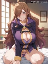 1girls 2024 ai_generated big_breasts blush brown_hair cleavage indoors kono_subarashii_sekai_ni_shukufuku_wo! long_hair milf minusleto sitting stable_diffusion stomach sweat thick_thighs thong wiz_(konosuba)