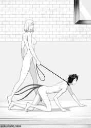 amazon black_and_white black_hair black_hair_male blood_bond breasts brother_and_sister collar demi_god dog_boy dog_ears dog_tail half_amazon hands_and_knees kenonomimi lacy_green leash leash_and_collar medium_hair monstershake naked naked_female naked_male nipples pet_play petplay public public_nudity short_hair sostus_green walk walking