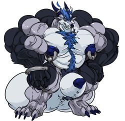 2019 4_toes 5_fingers absurd_res anthro ark_noir_(character) balls bara bara_tits barazoku big_balls big_muscles big_pecs big_penis blue_hair blue_nipples body_hair chest_hair digitigrade fangs feet fierglief fingers genitals hair hi_res horn huge_balls huge_cock huge_muscles huge_pecs hyper hyper_balls hyper_genitalia hyper_muscles hyper_pecs hyper_penis male muscular nipple_piercing nipples nude pecs penis piercing simple_background solo standing teeth three-quarter_view toes veiny_muscle white_background white_balls white_penis