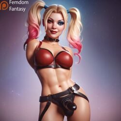 1girls ai_generated bondage dc_comics dildo dominant domination dominatrix face female femdom femdomfantasyai harley_quinn smug solo strap-on strapon strapon_dildo taker_pov