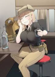 backpack blonde_female blonde_hair drinking glass_cup huge_breasts k0ng magazine_(weapon) merc-san_(k0ng) sitting smiling_at_viewer