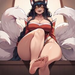 ahri ai_generated bare_thighs barefoot black_hair fox_ears fox_girl fox_tail gigantic_breasts huge_breasts huge_thighs league_of_legends light-skinned_female light_skin long_hair looking_down low-angle_view massive_breasts smiling smogai solo_female squatting sweat sweatdrop thick_body thick_female thick_thighs thighs voluptuous voluptuous_female yellow_eyes