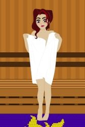 1girls accurate_art_style brown_eyes disney disney_channel female human lady_caine looking_down mehefin013 pale_skin red_hair removing_towel sauna self_upload tangled tangled:_the_series tattoo towel_only