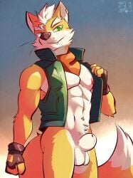 animal_genitalia anthro balls bottomless canid canine clothed clothing fox fox_mccloud genitals green_eyes hi_res male mammal nintendo nipples sheath simple_background solo star_fox ventkazemaru whiskers