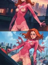 1female 1girls ai_generated atom_eve bodysuit boobs_out cartoon cute cute_face cute_girl female ginger ginger_hair girl invincible invincible_(comics) invincible_(tv_series) nipples owlai patreon_username red_hair redhead_female ripped_bodysuit ripped_clothing shy small_breasts superheroine