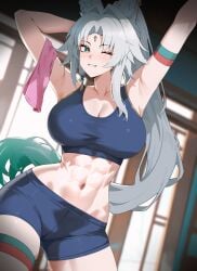 abs animal_ears aqua_eyes arm_behind_head armband arms_up bare_shoulders blue_shorts blue_sports_bra breasts cleavage collarbone commission cowboy_shot earrings feixiao_(honkai:_star_rail) female forehead_jewel fox_ears green_hair honkai:_star_rail honkai_(series) jewelry large_breasts long_hair looking_at_viewer multicolored_hair nvl one_eye_closed parted_bangs shorts smile solo sports_bra thigh_strap thighs toned toned_female towel very_long_hair white_hair