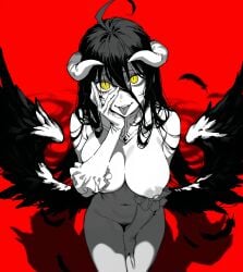 ahoge ai_generated albedo_(overlord) black_hair black_wings breasts demon_girl demon_horns detached_collar feathered_wings female female_pubic_hair gloves hair_between_eyes hand_on_own_cheek hand_on_own_face horns large_breasts long_hair looking_at_viewer low_wings navel nipples nude overlord_(maruyama) pubic_hair red_background seiza self_upload sitting slit_pupils solo spare1632 tongue tongue_out white_horns wings yellow_eyes