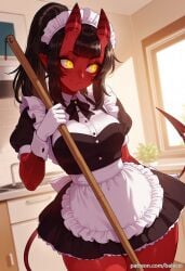 ai_generated balecxi barista black_dress black_hair blunt_bangs colored_skin demon_girl demon_tail female freckles indoors long_hair maid maid_headdress medium_breasts meru_(merunyaa) meruccubus_(merunyaa) mole mole_under_eye oerba_yun_fang pointy_ears ponytail puffy_short_sleeves puffy_sleeves red_oni red_skin short_sleeves skin-covered_horns smile solo white_apron white_gloves window yellow_eyes