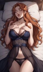 1girls ai_generated bigmic145 blue_dress braid breasts castlevania castlevania_(netflix) hair_ornament lenore_(castlevania) lips long_hair medium_breasts negligee orange_hair panties see-through see-through_clothing sleeping vampire vampire_girl wavy_hair